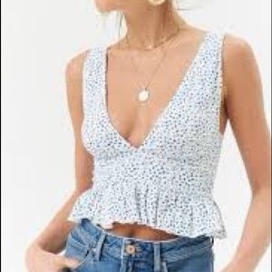 Forever21 V Neck Cropped White Flower Top